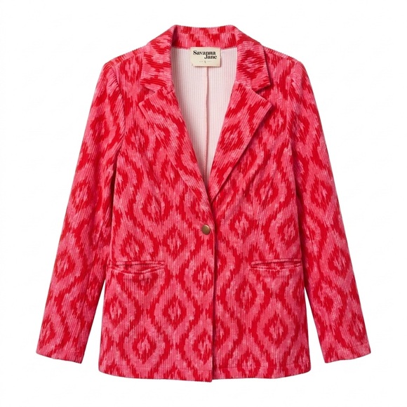 Savanna Jane Jackets & Blazers - Savanna Jane $70 Pink & Red Geometric Ikat Diamond Corduroy Blazer L Southwest